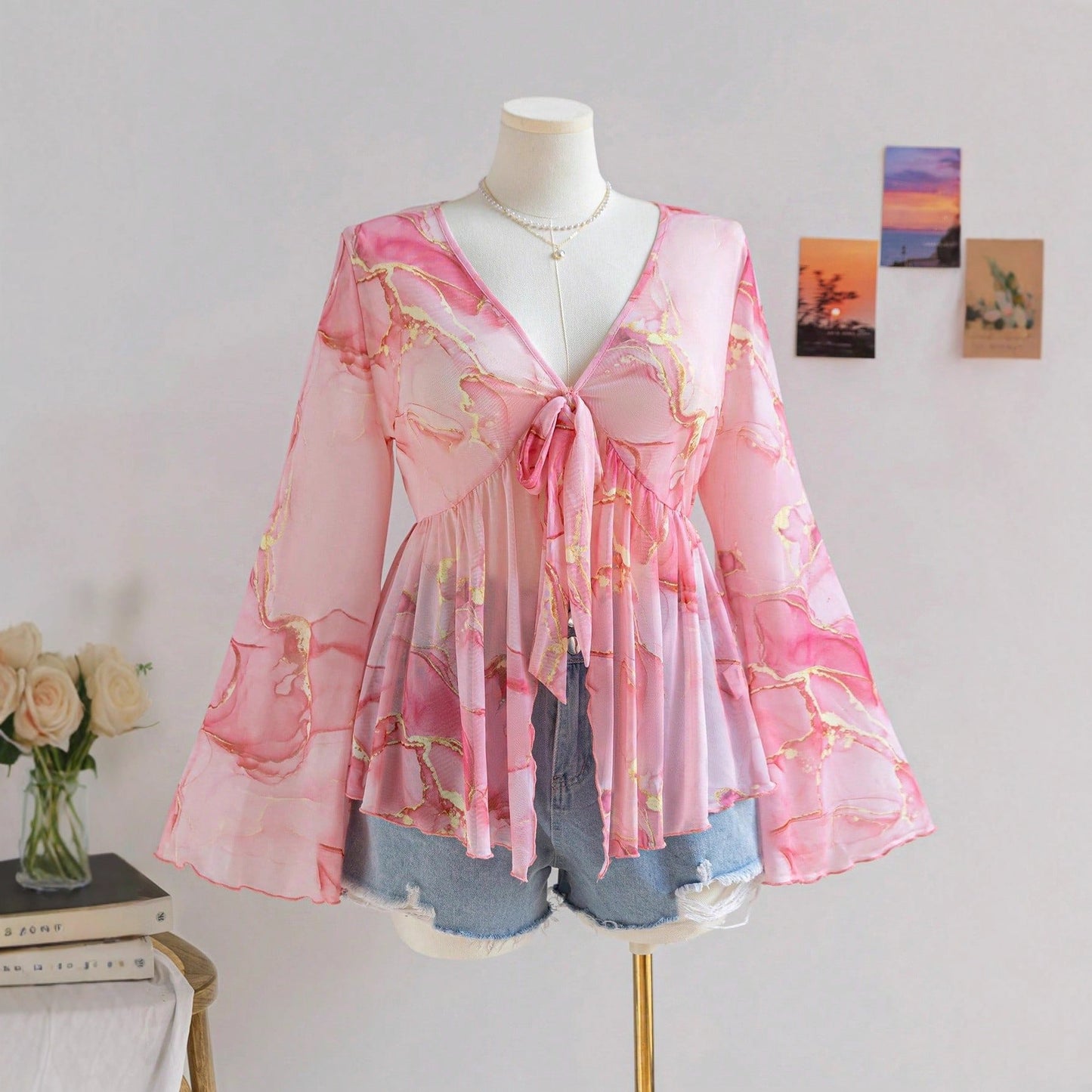 Sheer Printed V-Neck Top with Tie-Front and Bell Sleeves
