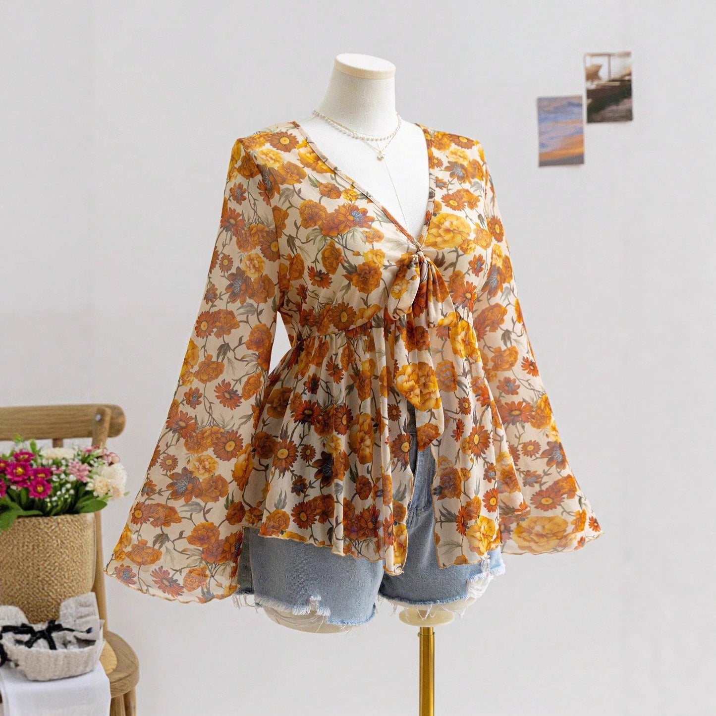 Sheer Printed V-Neck Top with Tie-Front and Bell Sleeves