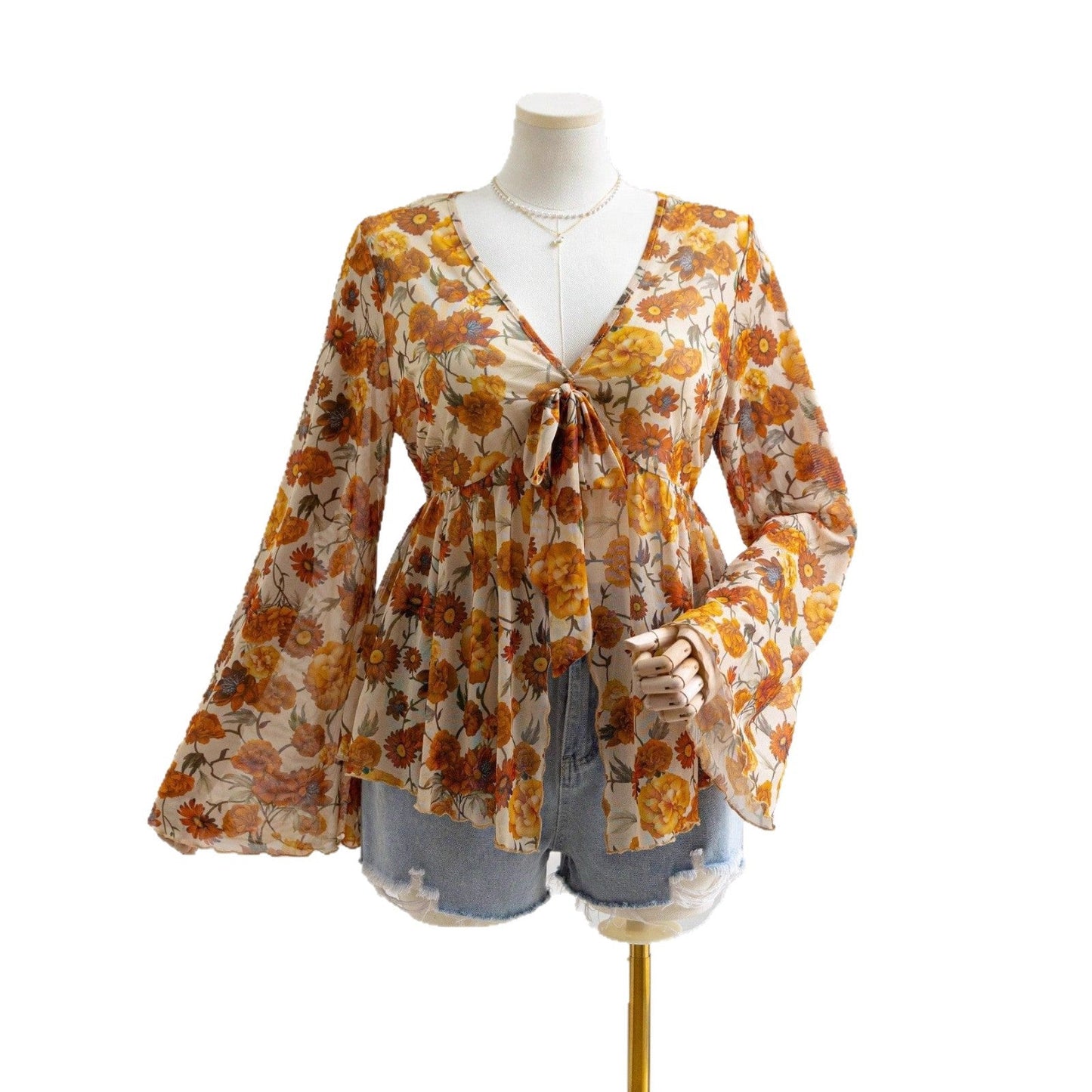 Sheer Printed V-Neck Top with Tie-Front and Bell Sleeves