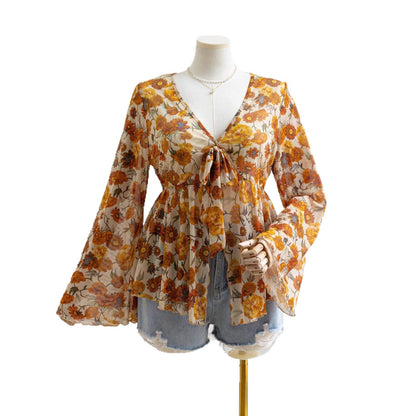 Sheer Printed V-Neck Top with Tie-Front and Bell Sleeves