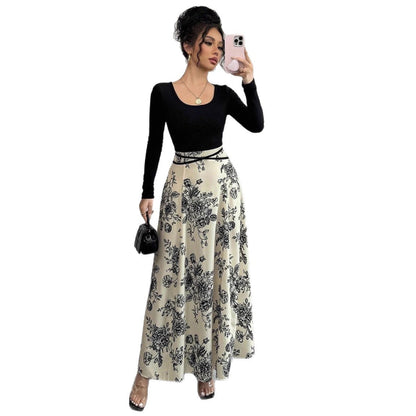 Floral Print A-Line Maxi Dress with Square Neck and Long Sleeves