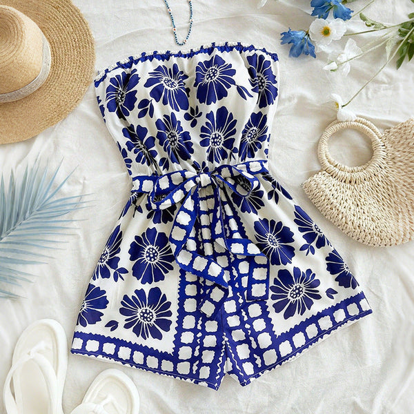 Floral Print Strapless Romper with Tie-Waist and Wide Legs