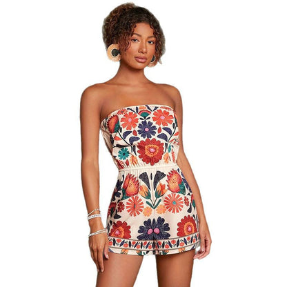 Floral Print Strapless Romper with Elastic High Waist
