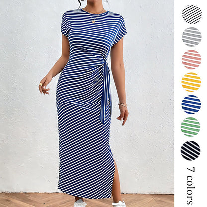 Striped Bodycon Maxi Dress with Side Tie and Slit