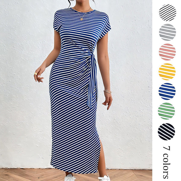 Striped Bodycon Maxi Dress with Side Tie and Slit