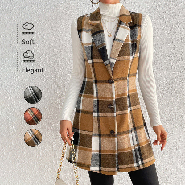 Slim Fit Plaid Vest with Notched Lapel and Button Front