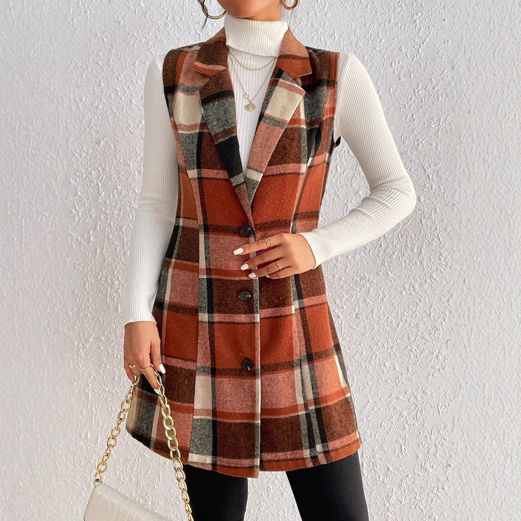 Slim Fit Plaid Vest with Notched Lapel and Button Front