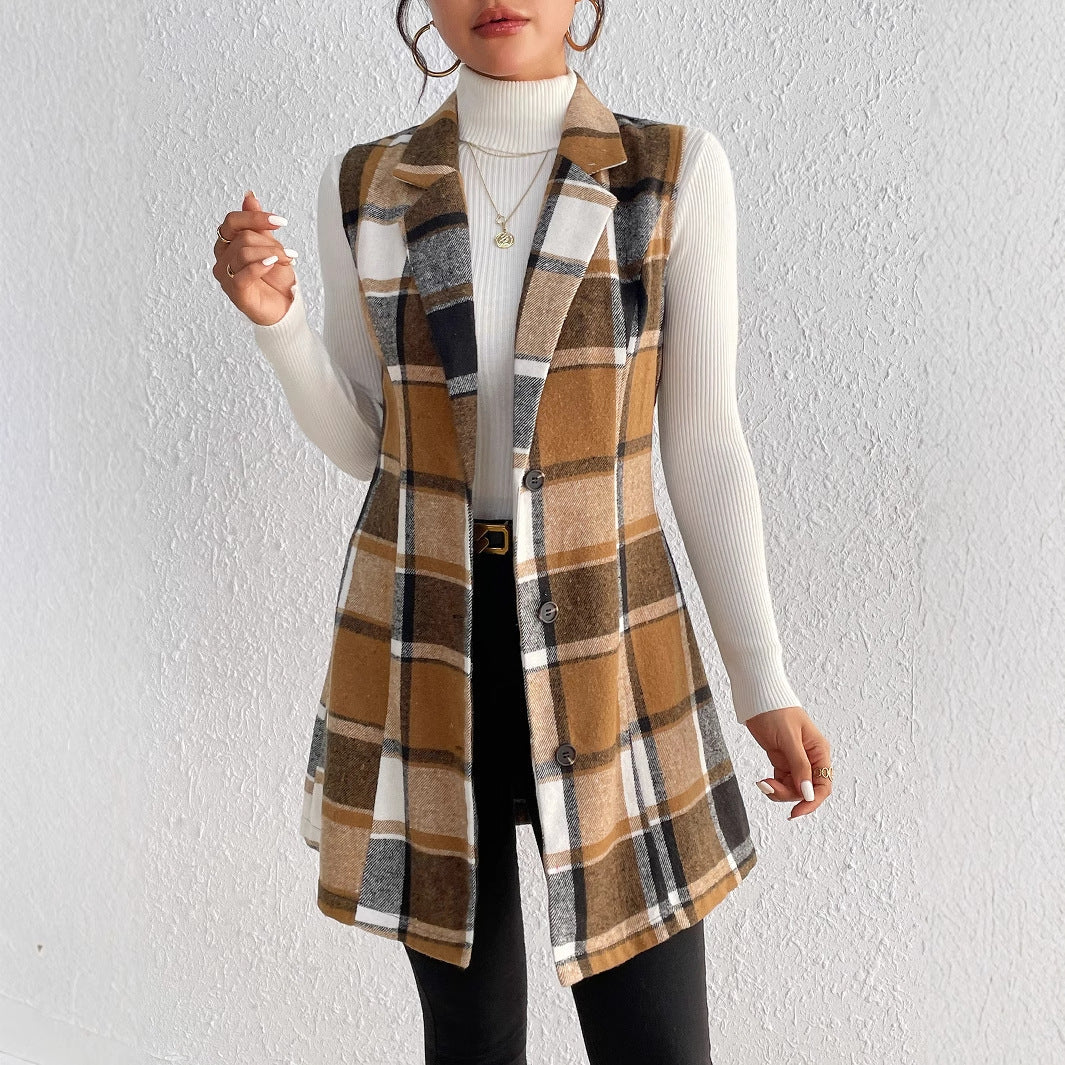 Slim Fit Plaid Vest with Notched Lapel and Button Front