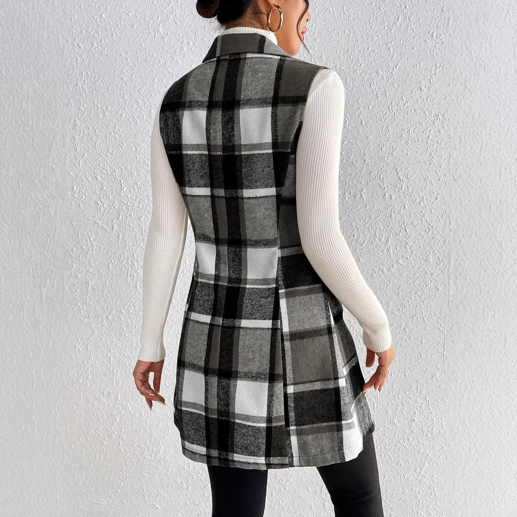 Slim Fit Plaid Vest with Notched Lapel and Button Front