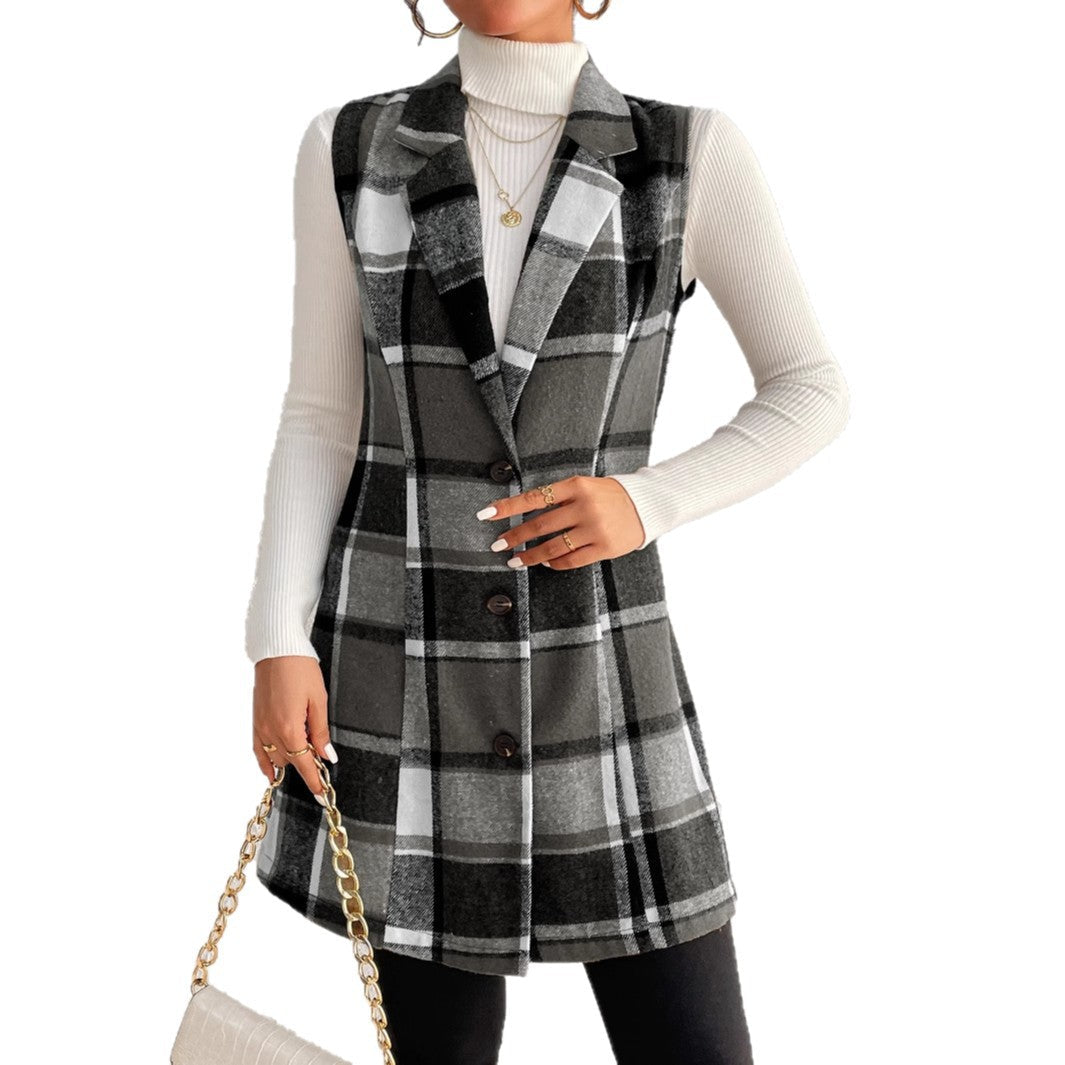 Slim Fit Plaid Vest with Notched Lapel and Button Front
