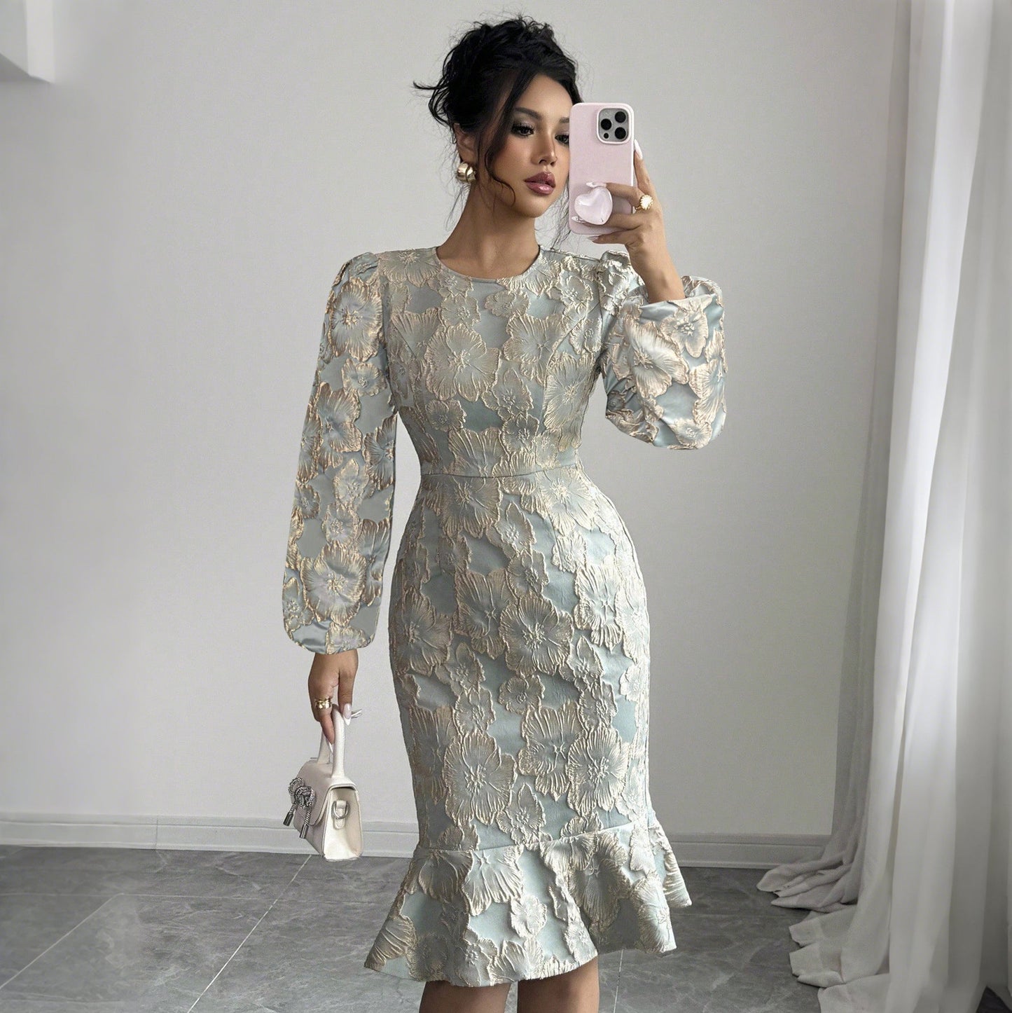 Floral Jacquard Midi Dress with Puff Sleeves and Fishtail Hem