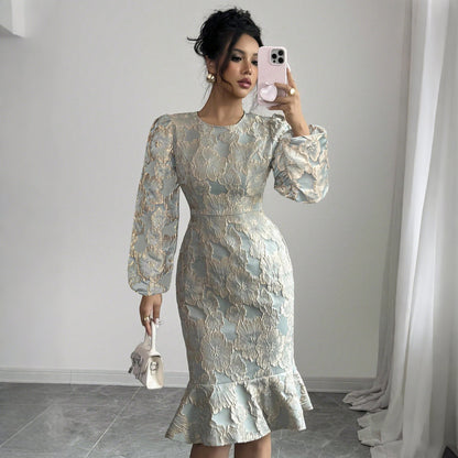 Floral Jacquard Midi Dress with Puff Sleeves and Fishtail Hem