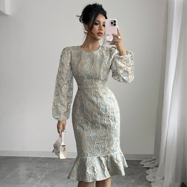 Floral Jacquard Midi Dress with Puff Sleeves and Fishtail Hem