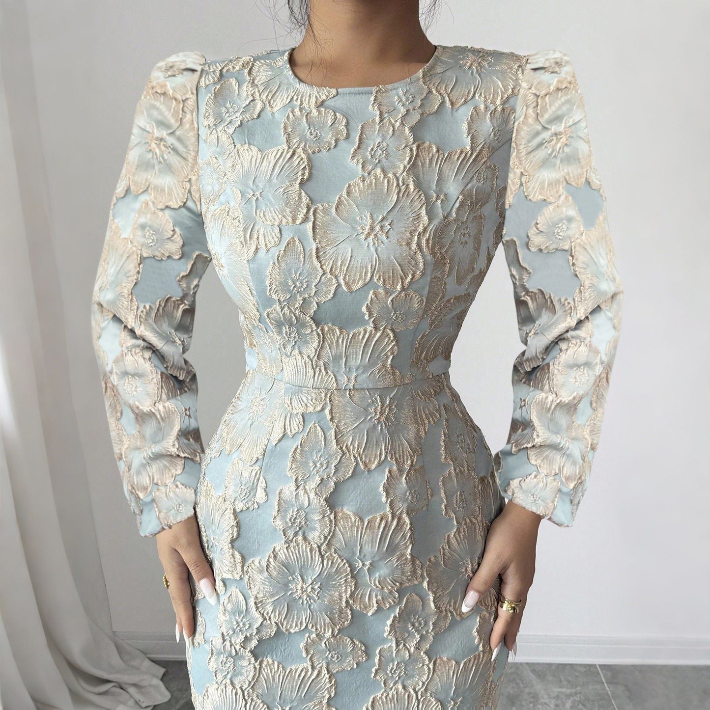 Floral Jacquard Midi Dress with Puff Sleeves and Fishtail Hem
