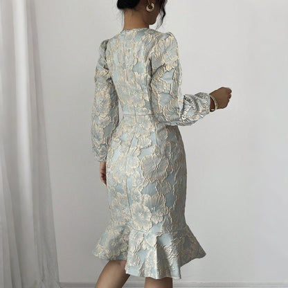 Floral Jacquard Midi Dress with Puff Sleeves and Fishtail Hem