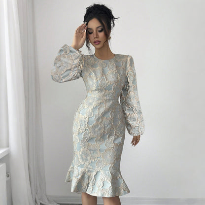 Floral Jacquard Midi Dress with Puff Sleeves and Fishtail Hem