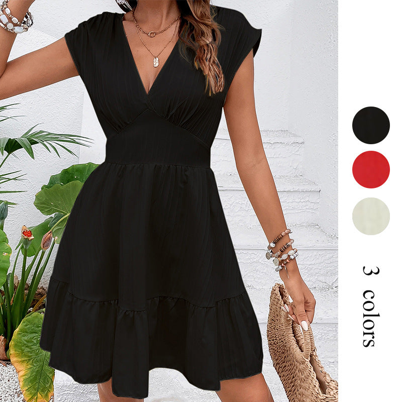 A-Line V-Neck Mini Dress with High Waist and Ruffle Hem