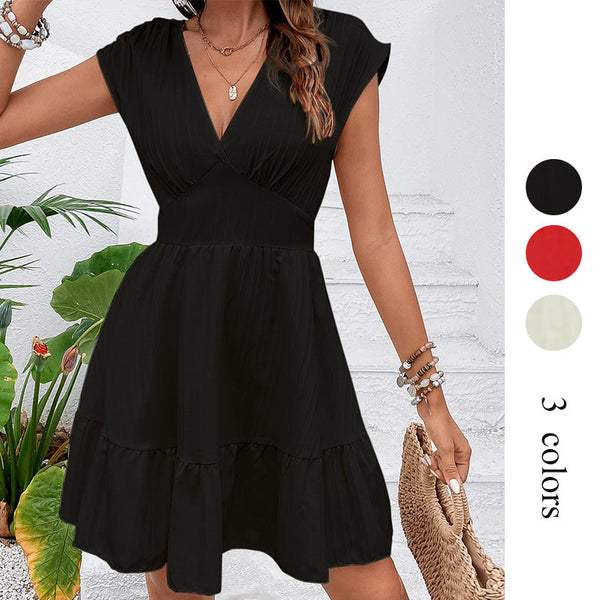 A-Line V-Neck Mini Dress with High Waist and Ruffle Hem