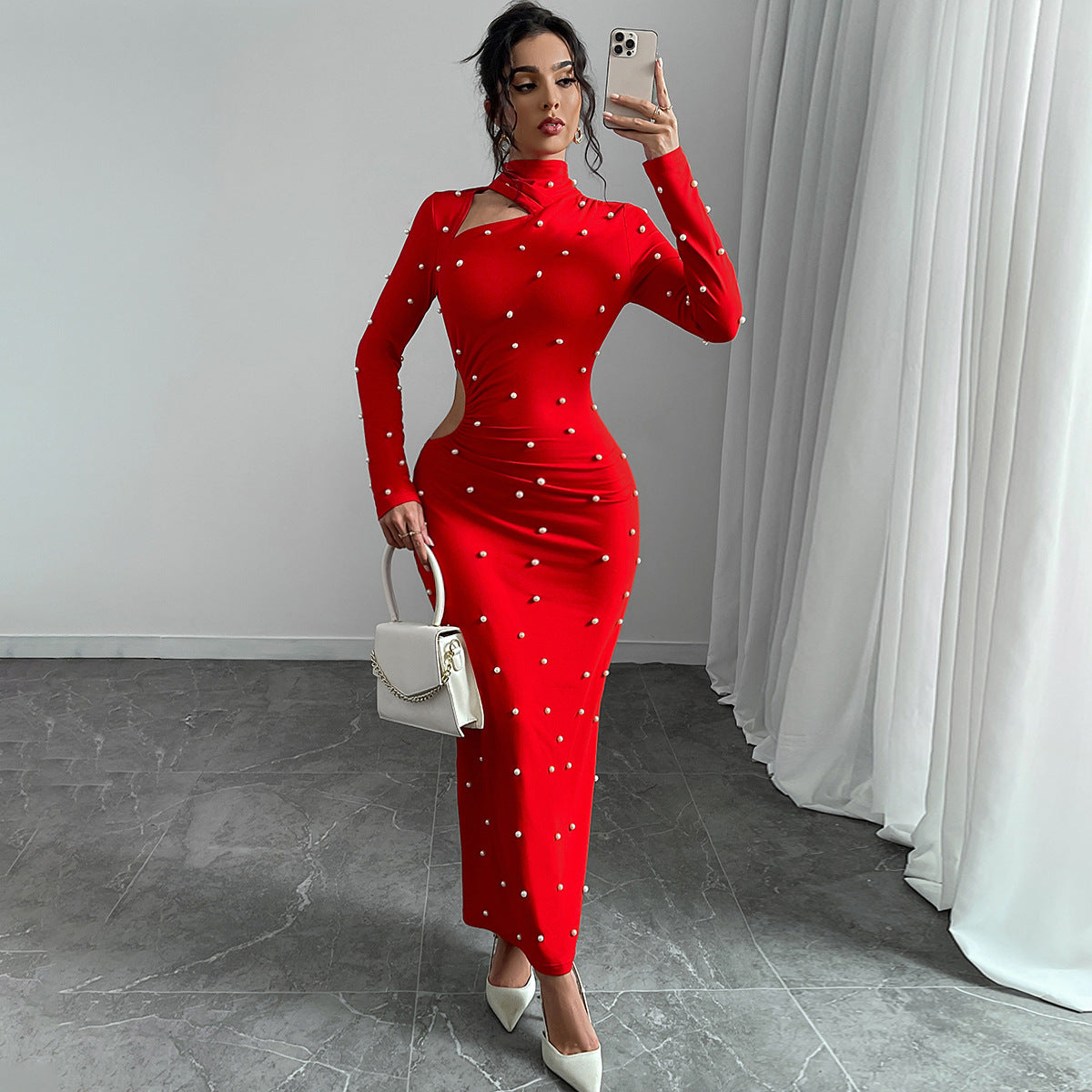 Bodycon Maxi Dress with Pearl Embellishments and Side Cut-Out