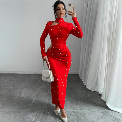 Bodycon Maxi Dress with Pearl Embellishments and Side Cut-Out