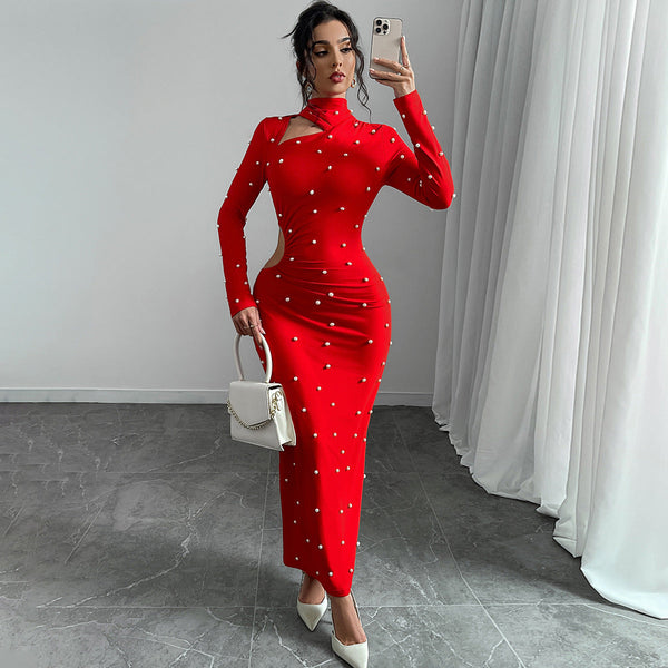 Bodycon Maxi Dress with Pearl Embellishments and Side Cut-Out