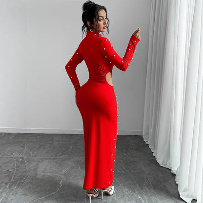 Bodycon Maxi Dress with Pearl Embellishments and Side Cut-Out