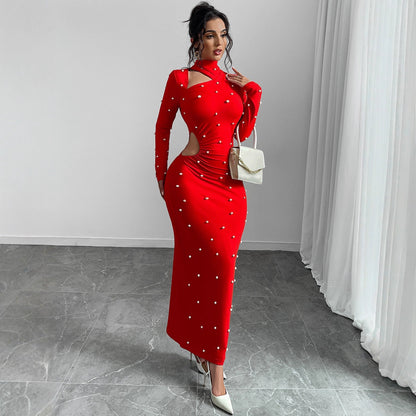 Bodycon Maxi Dress with Pearl Embellishments and Side Cut-Out