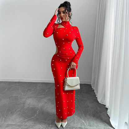Bodycon Maxi Dress with Pearl Embellishments and Side Cut-Out