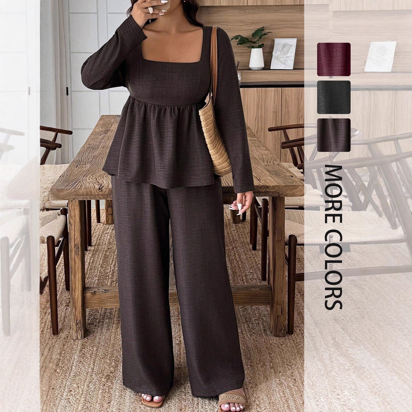 Peplum Pants Set with Square Neck and Wide-Leg Trousers