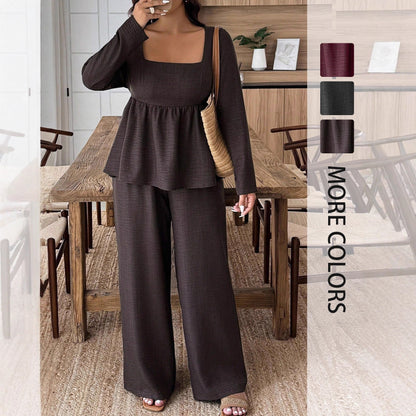 Peplum Pants Set with Square Neck and Wide-Leg Trousers