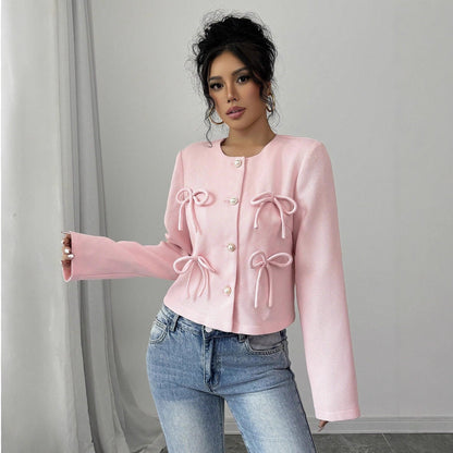 Cropped Textured Jacket with Bow Details and Pearl Buttons