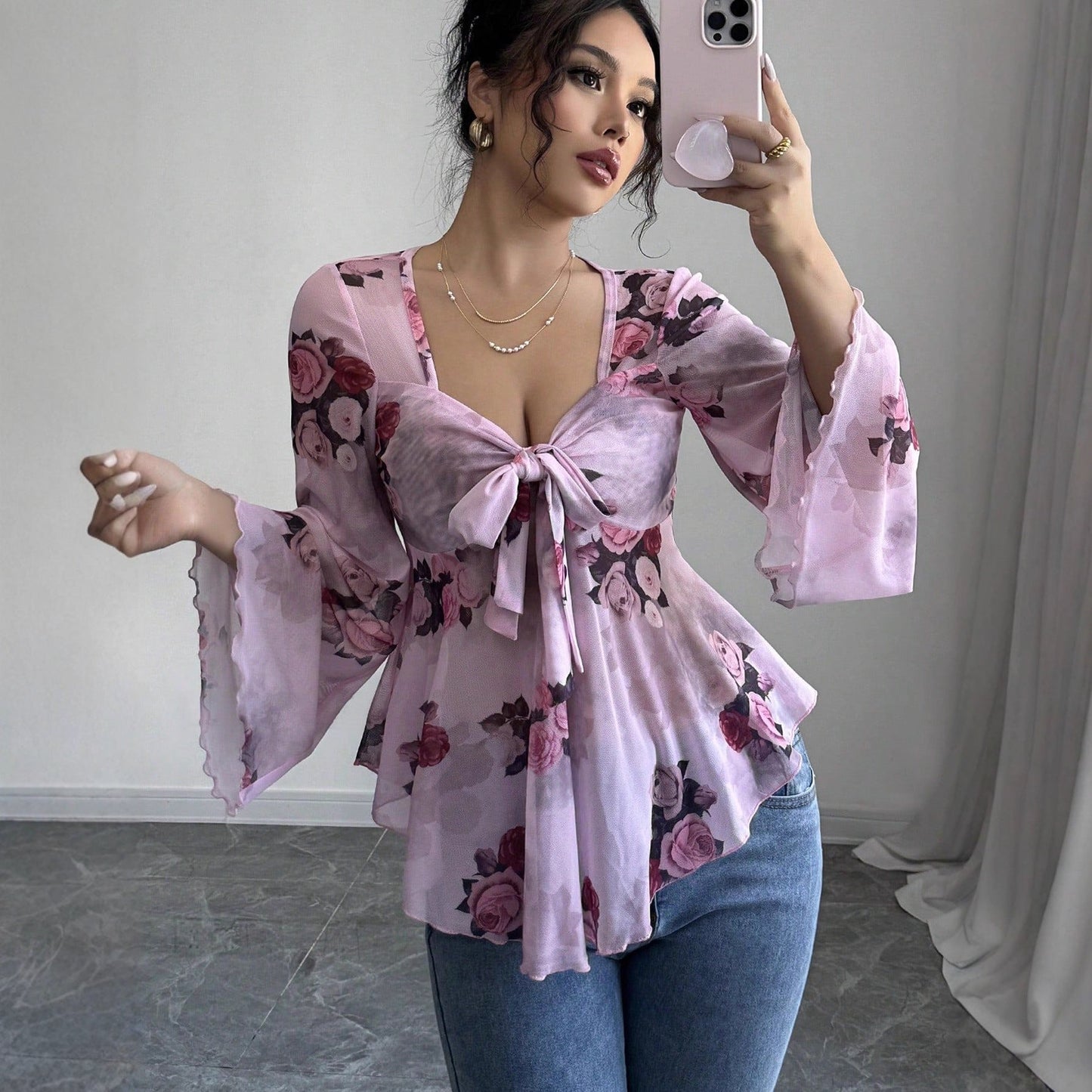 Floral Peplum Blouse with Square Neck and Bell Sleeves