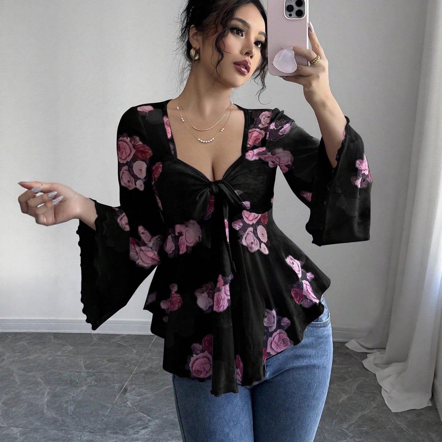 Floral Peplum Blouse with Square Neck and Bell Sleeves