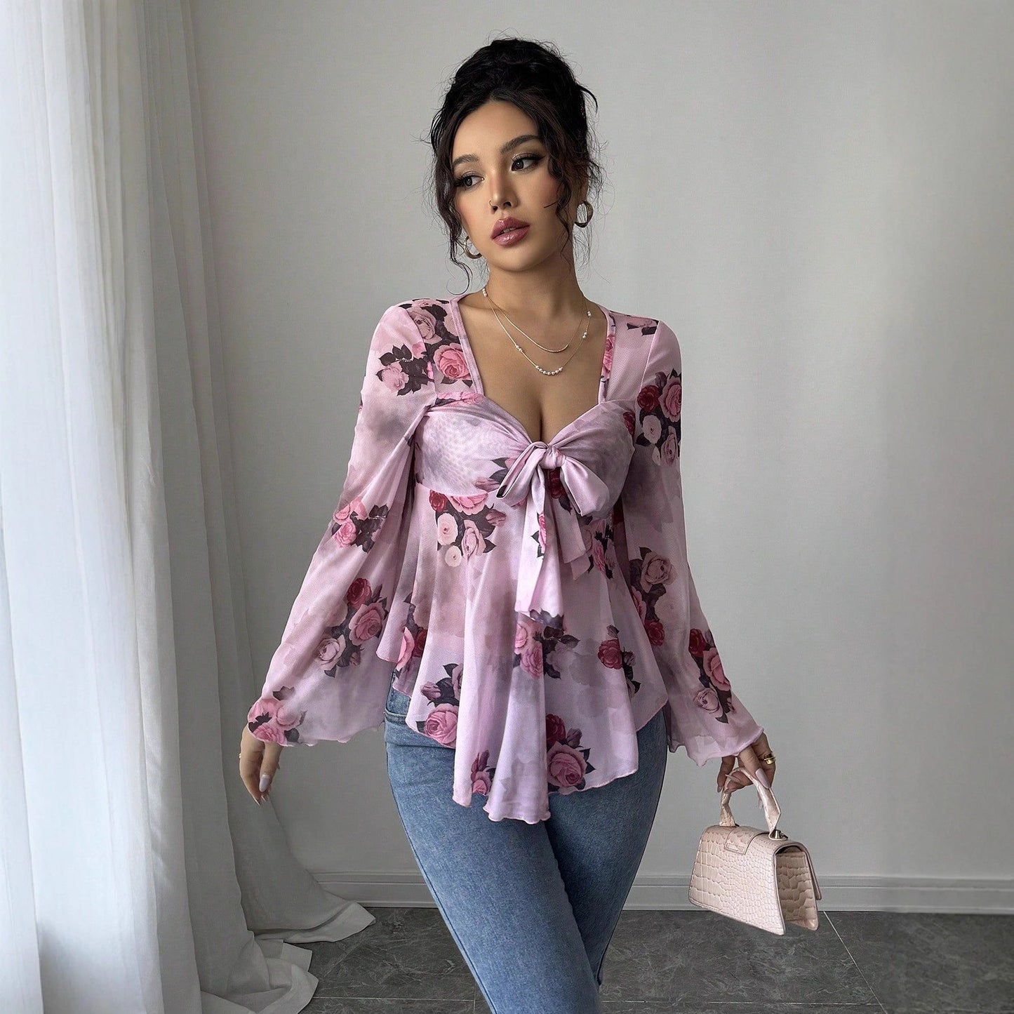 Floral Peplum Blouse with Square Neck and Bell Sleeves