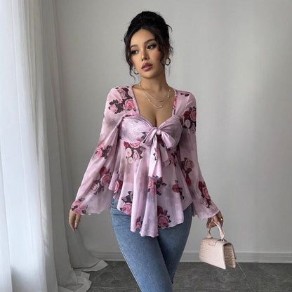 Floral Peplum Blouse with Square Neck and Bell Sleeves