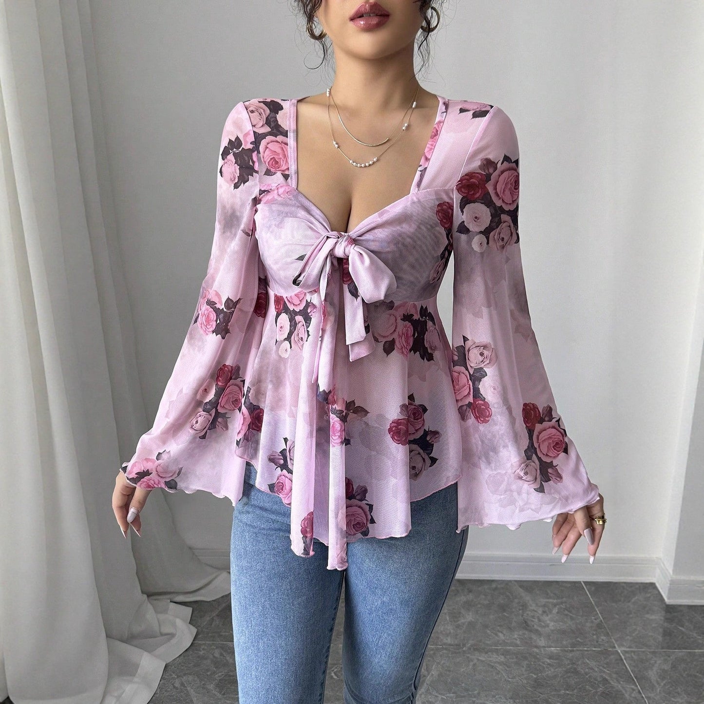 Floral Peplum Blouse with Square Neck and Bell Sleeves