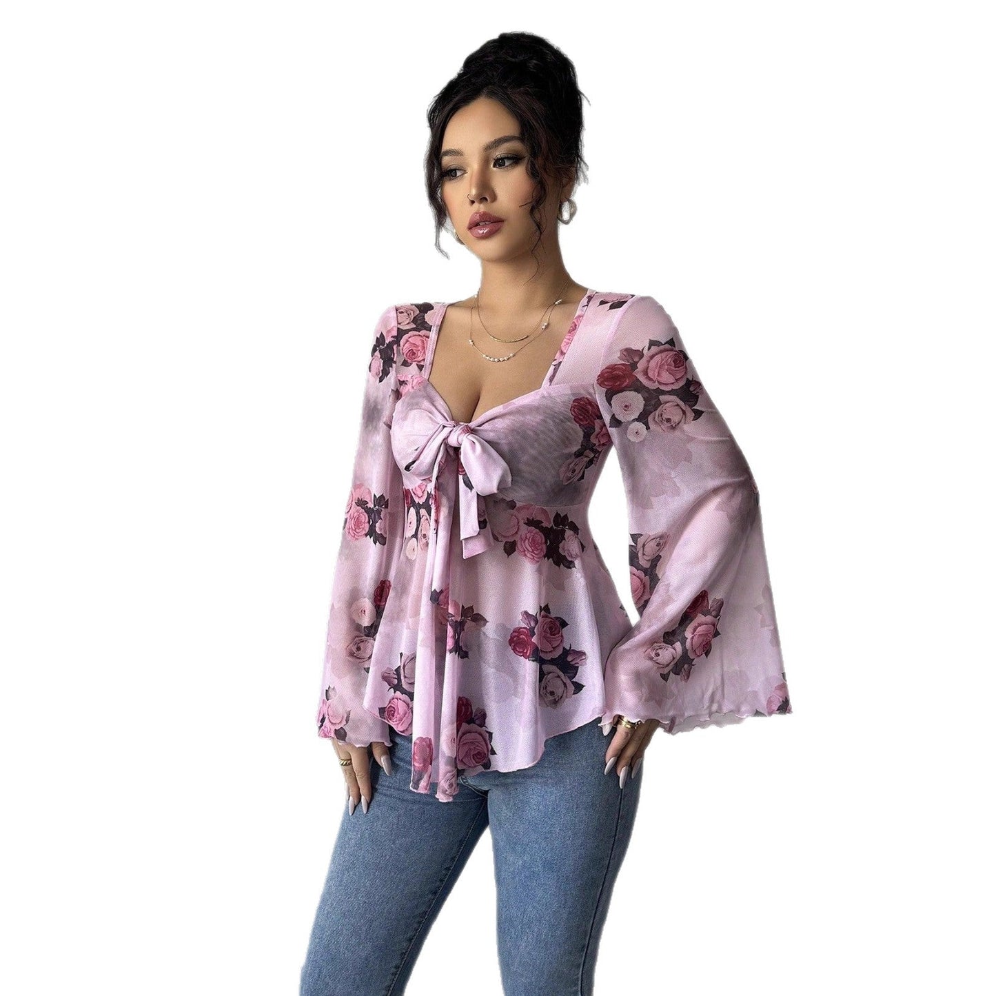 Floral Peplum Blouse with Square Neck and Bell Sleeves