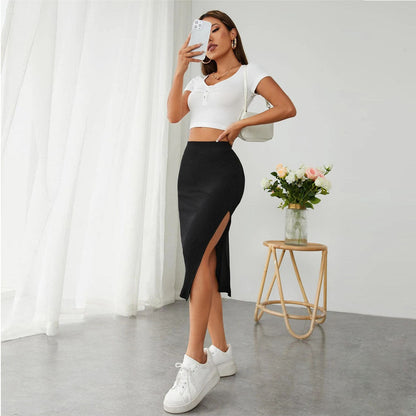Ribbed Knit Bodycon Midi Skirt with High Side Slit