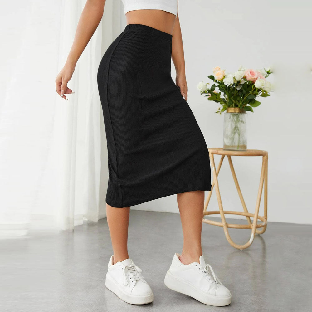 Ribbed Knit Bodycon Midi Skirt with High Side Slit