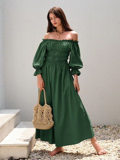 Off-the-Shoulder Smocked Maxi Dress with Lantern Sleeves