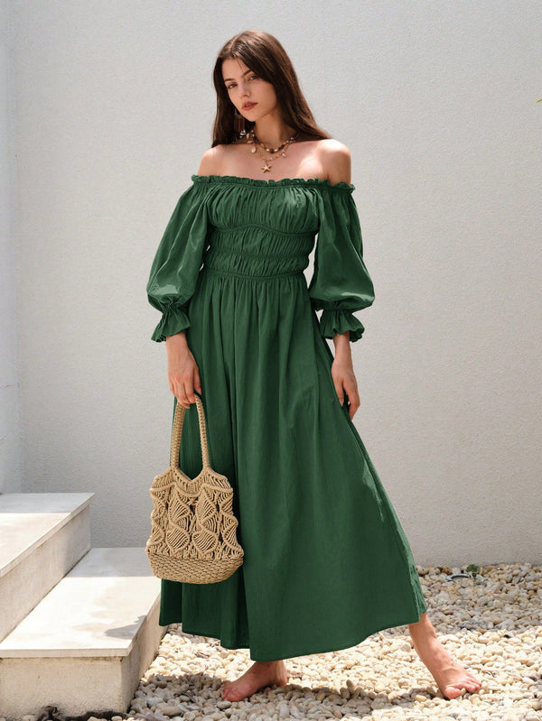 Off-the-Shoulder Smocked Maxi Dress with Lantern Sleeves