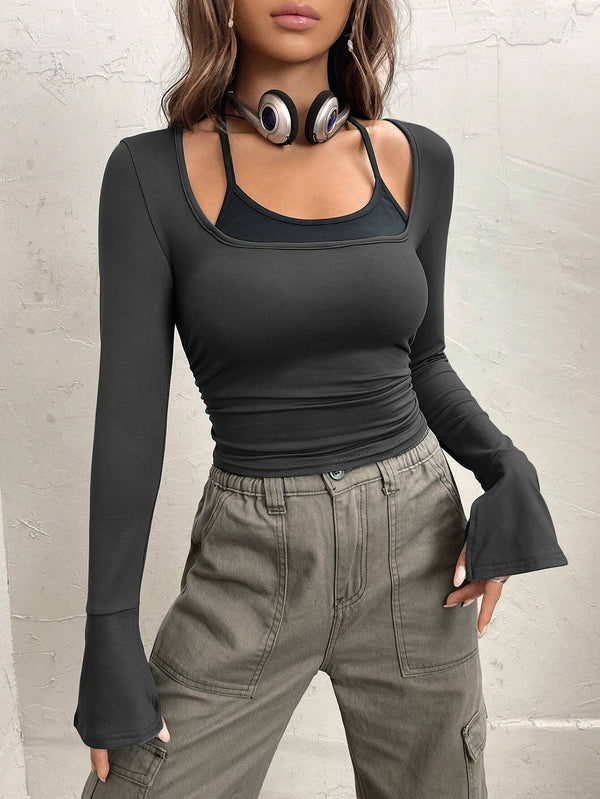 Slim Fit Mock Layered Top with Square Neck and Bell Sleeves