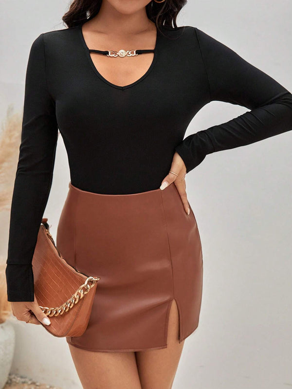 Slim Fit Long Sleeve Top with Chain V-Neck Detail