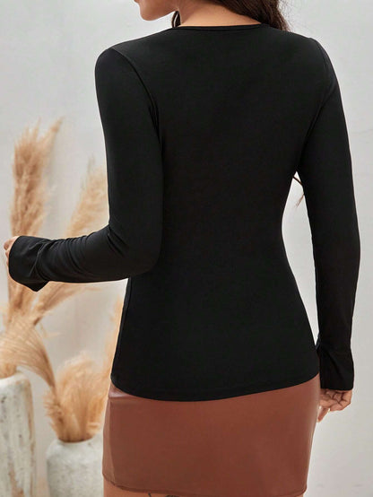 Slim Fit Long Sleeve Top with Chain V-Neck Detail