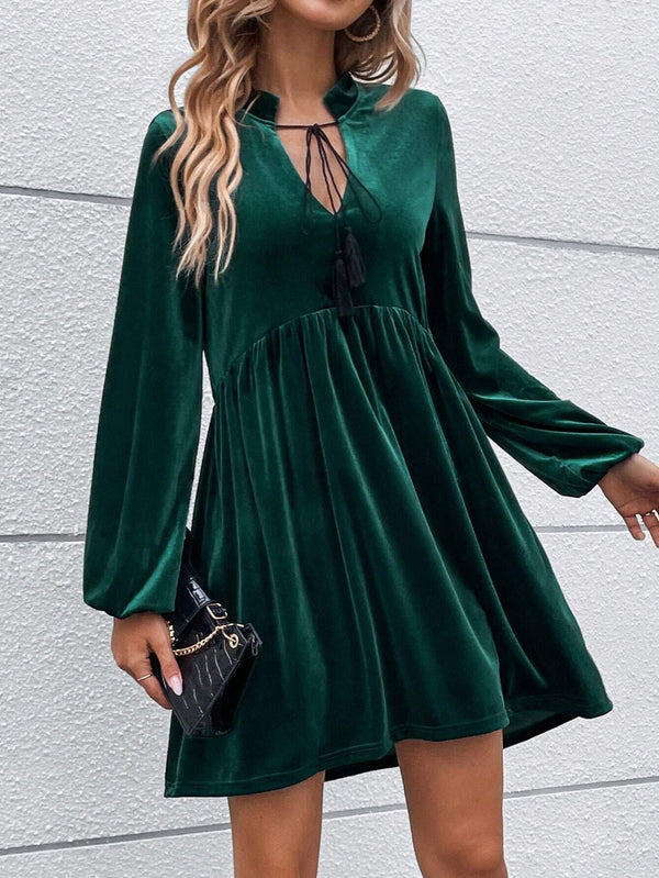 Velvet A-Line Mini Dress with Stand Collar and Bubble Sleeves