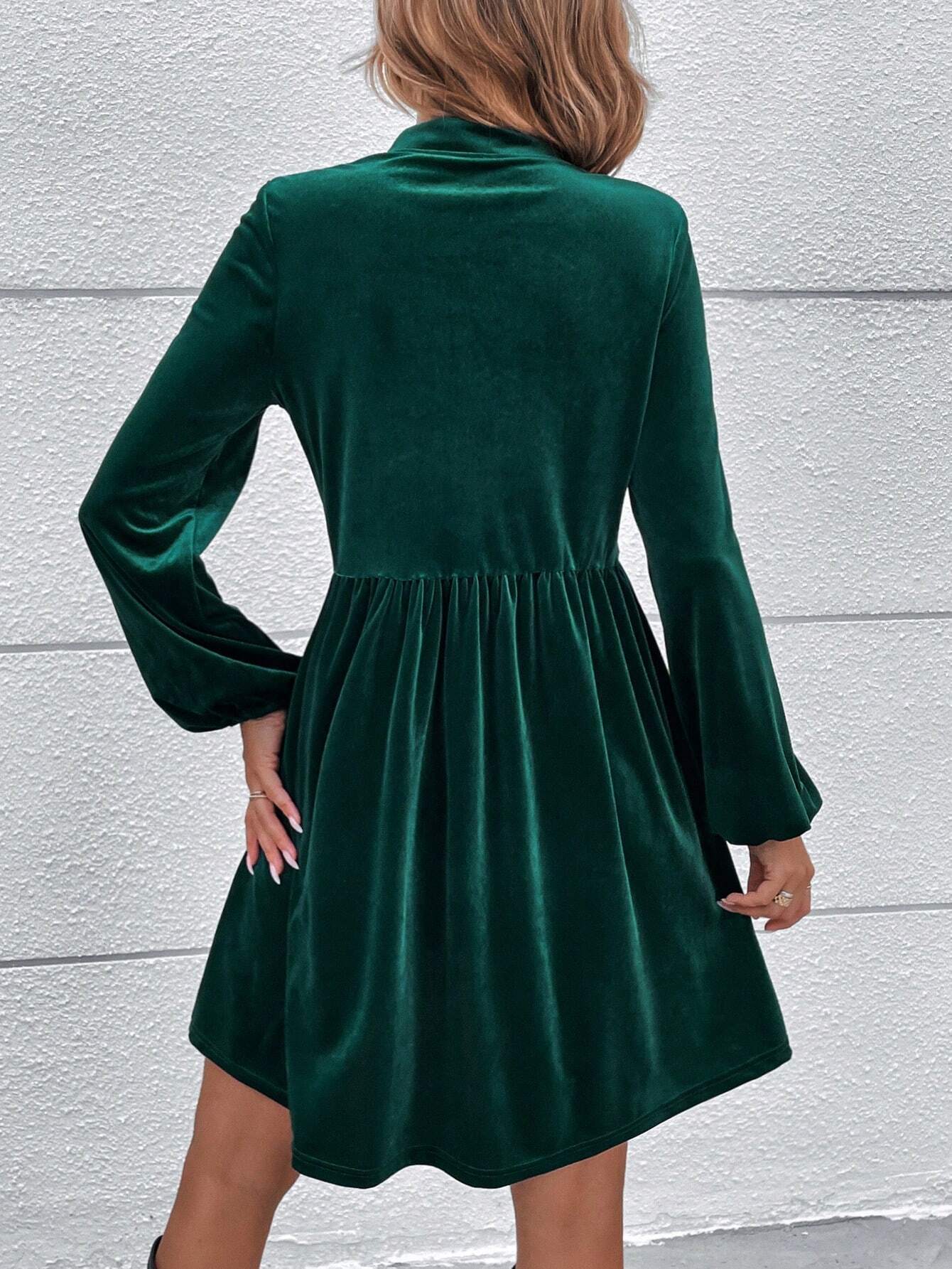 Velvet A-Line Mini Dress with Stand Collar and Bubble Sleeves