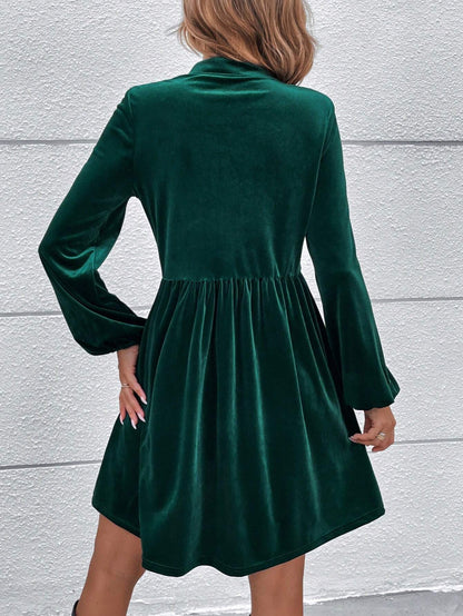 Velvet A-Line Mini Dress with Stand Collar and Bubble Sleeves