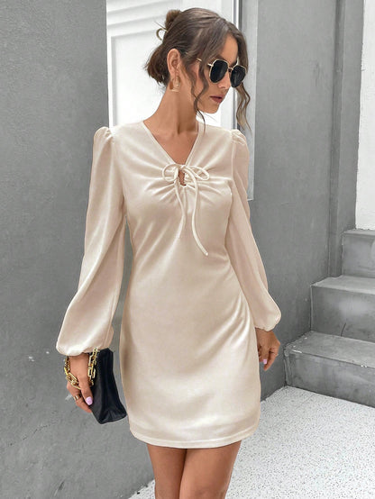 Solid A-Line Mini Dress with V-Neck and Puff Sleeves