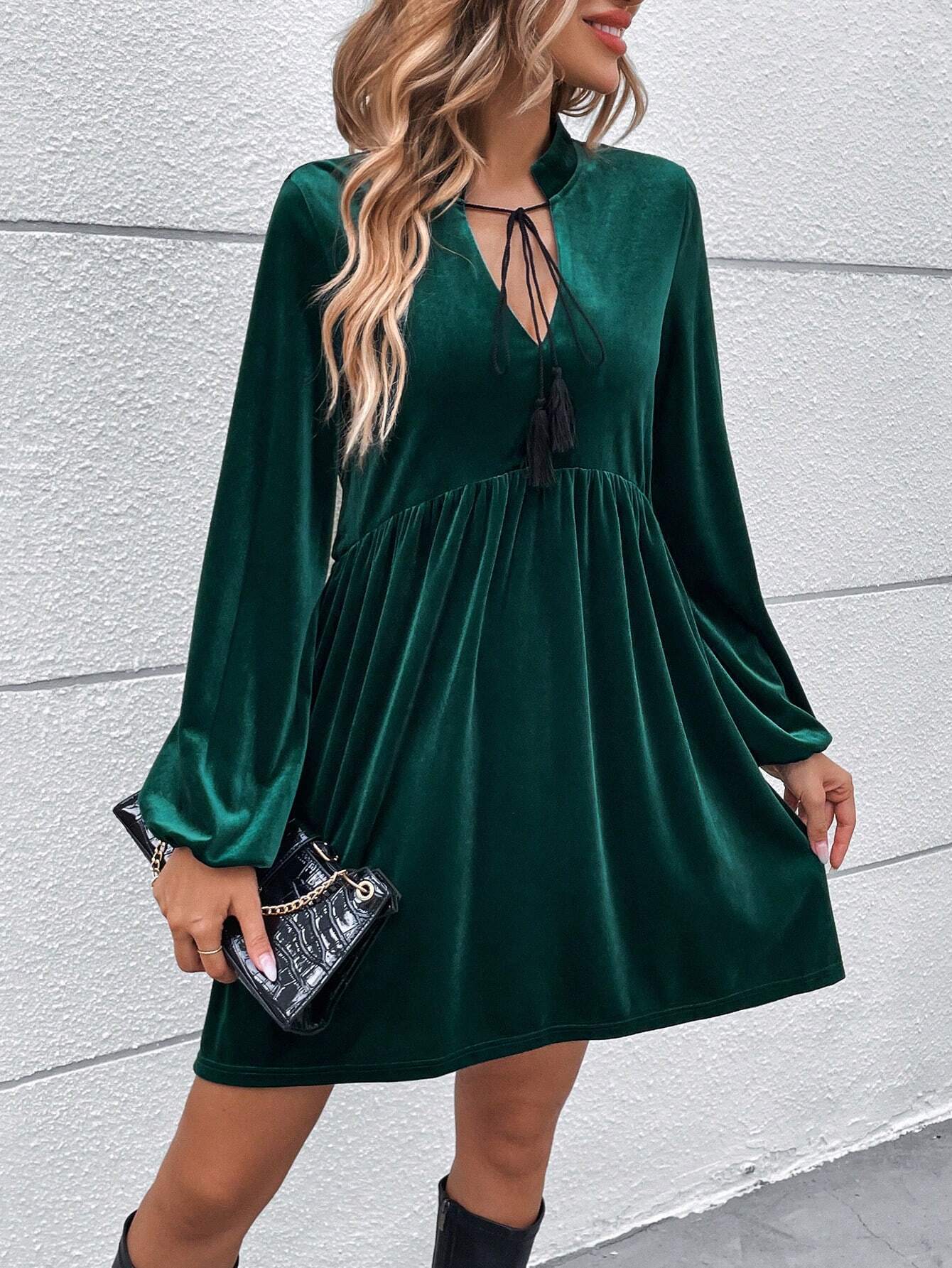 Velvet A-Line Mini Dress with Stand Collar and Bubble Sleeves