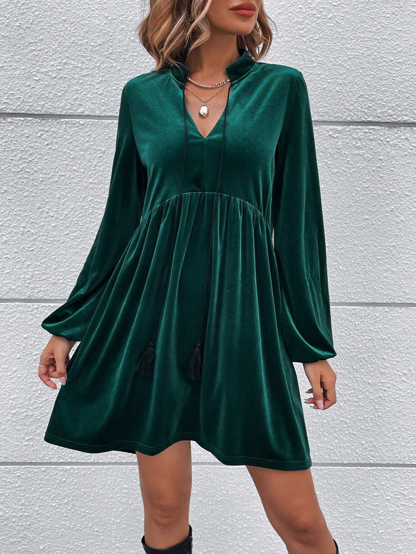 Velvet A-Line Mini Dress with Stand Collar and Bubble Sleeves